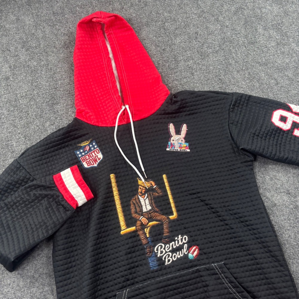 Bad Bunny Benito Bowl Hoodie Medium Black Red Quilted Embroidered Flaw Mens